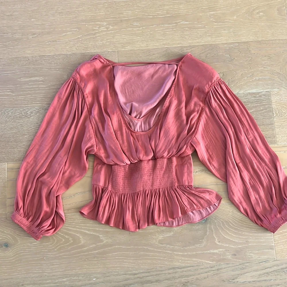 Free People Corset Blouse Top Smocked Balloon Sleeve Bohemian Texas Orange Small - Picture 8 of 11
